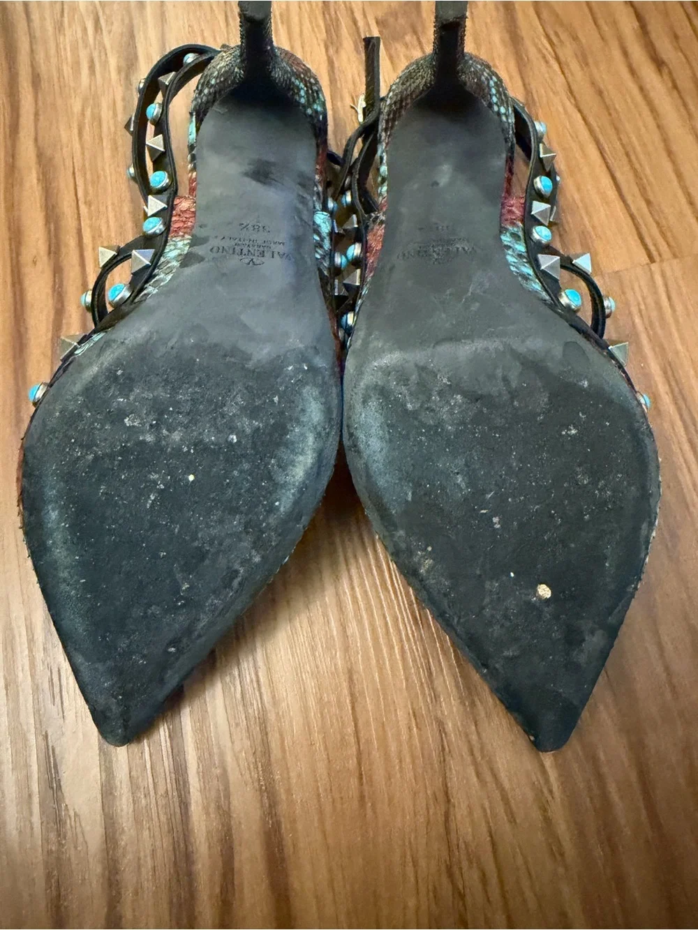 Valentino Garavani Black Studded Multi-Color Python Rockstud Heels 38.5